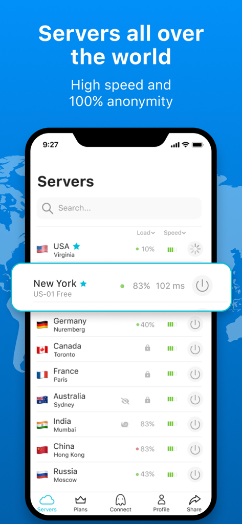 VPN MAX: Super Secure Proxy - A interface do aplicativo VPN MAX exibindo uma variedade de locais de servidores globais, incluindo Nova York, Alemanha e França.