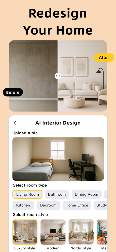 AI Spacely App-Oberfläche, die eine Vorher-Nachher-Umgestaltung eines Hauses und die Auswahl von Raumstilen zeigt