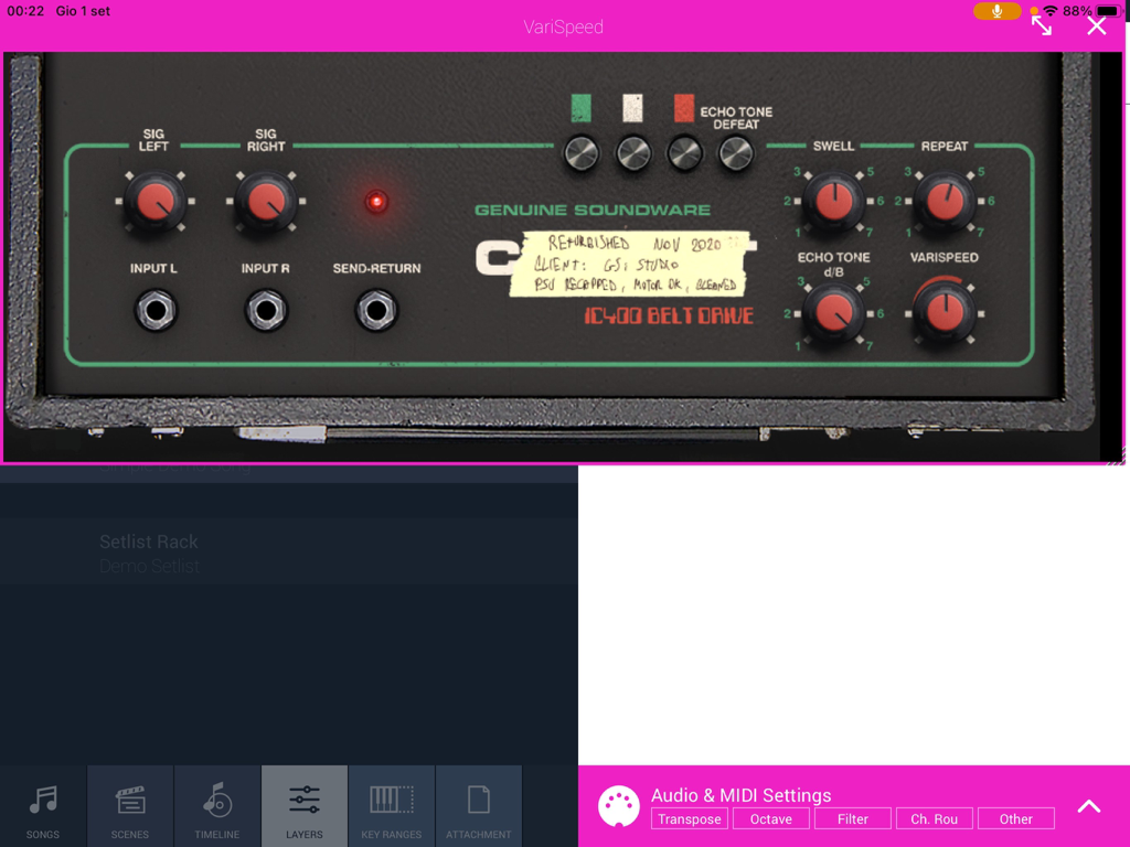 Interfaz del plugin GSi VariSpeed simulando la unidad de eco de cinta de tracción por correa WEM Copicat IC400.