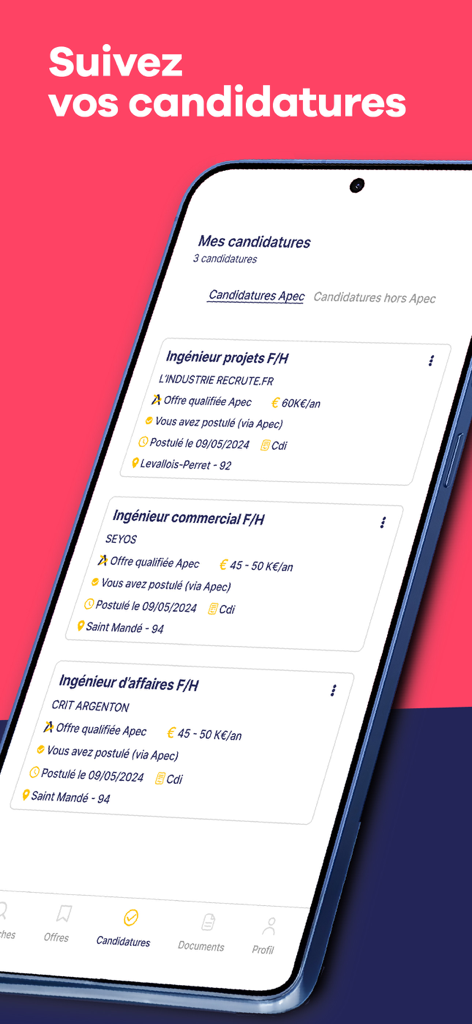 Apec : offres d’emploi cadres - Smartphone screen displaying a list of tracked job applications in the Apec executive recruitment app