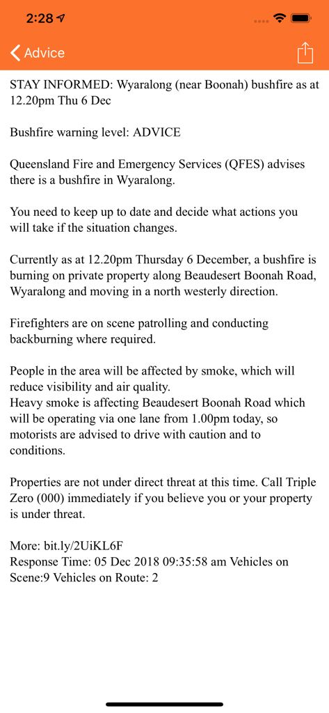 QLD Fires - Emergency bushfire advice for Wyaralong in the QLD Fires app