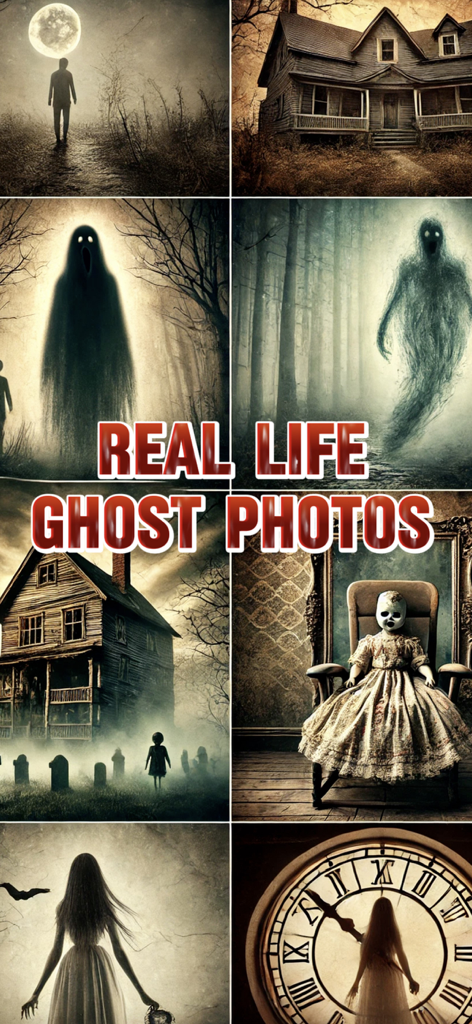 Ghost Detector & Spirit Box - Collage de imágenes paranormales espeluznantes que incluyen figuras espectrales, casas embrujadas y una muñeca espeluznante.