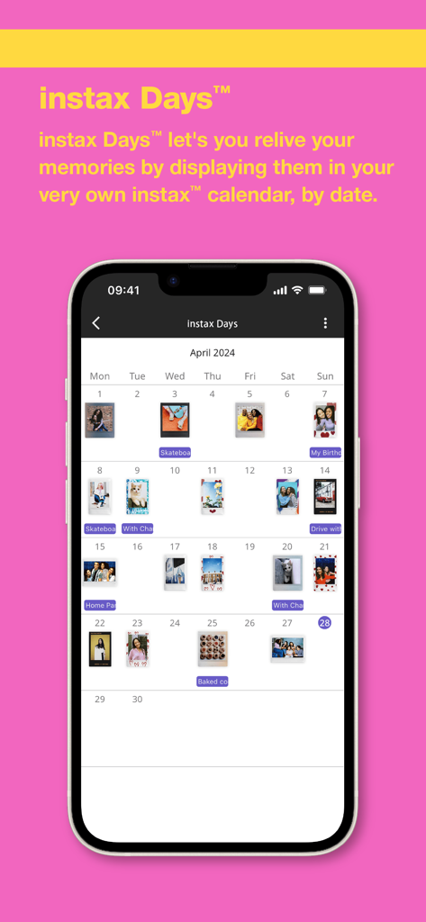 instax UP! -Scan instax photos - A smartphone showing the instax UP app calendar view with scanned photos organized by date