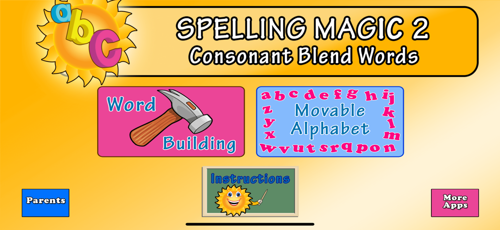 SPELLING MAGIC 2 for Schools - Spelling Magic 2 for Schools main menu showing word building and movable alphabet options