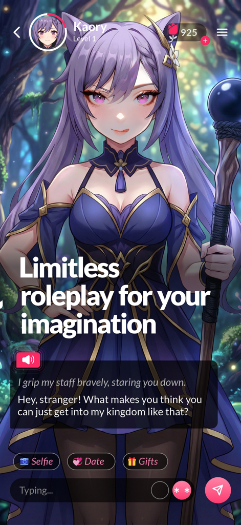 Date.AI - Virtual Lovers - Una captura de pantalla de la app Date.AI mostrando una interfaz de chat con un personaje de anime en un escenario de juego de rol de fantasía.