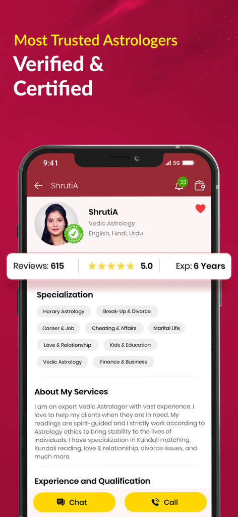 A profile of a verified Vedic astrologer on the Anytime Astro app showing expert ratings and specializations