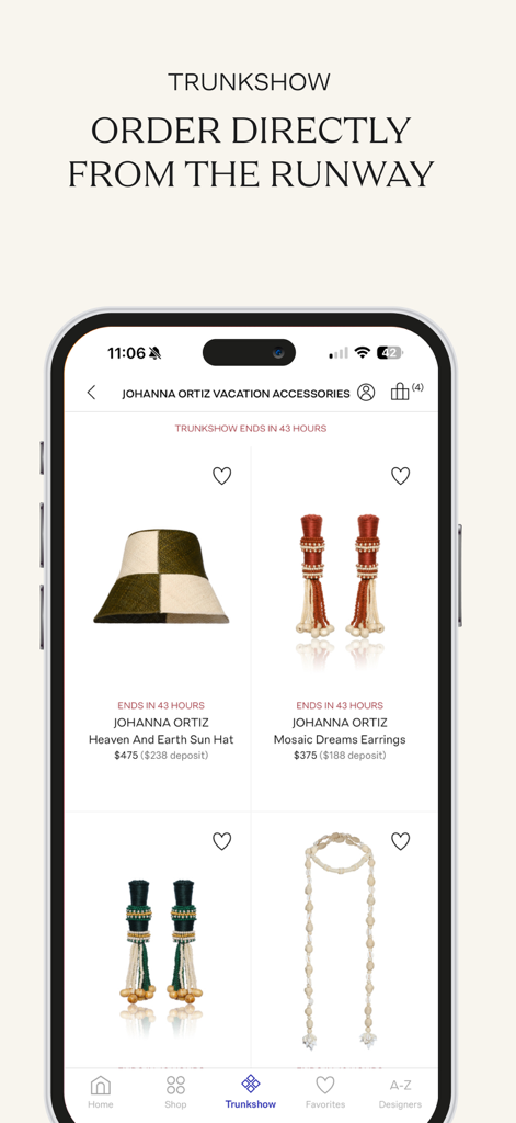 Moda Operandi app displaying Johanna Ortiz designer accessories available for pre-order from the runway.