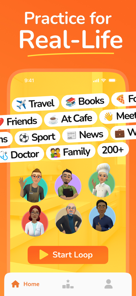 LingoLooper: AI Language Game - LingoLooperアプリのインターフェースは、会話トピックと語学練習用のAIアバターを表示しています。