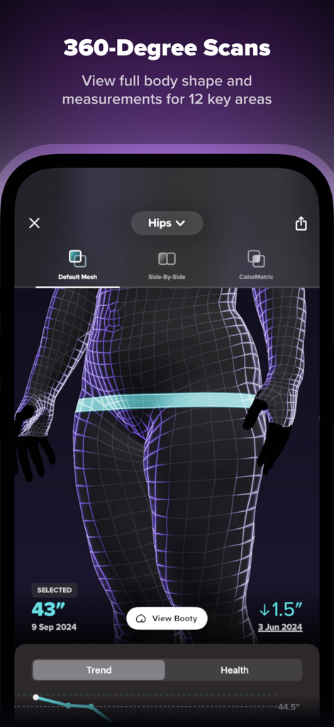 Maillage de scan corporel 3D avec des données de mesure de la hanche dans l'application de fitness ZOZOFIT