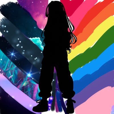 girl in baggy pants crop top and long hair