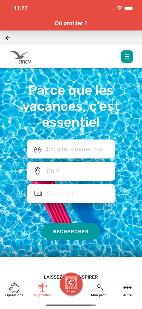 Chèque-Vacances - Mobile app search screen for finding where to spend holiday vouchers with a swimming pool background