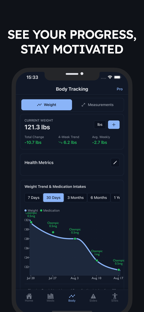 Captura de tela do aplicativo GLP-1 Tracker mostrando um gráfico de progresso de peso e histórico de registro de medicamentos.