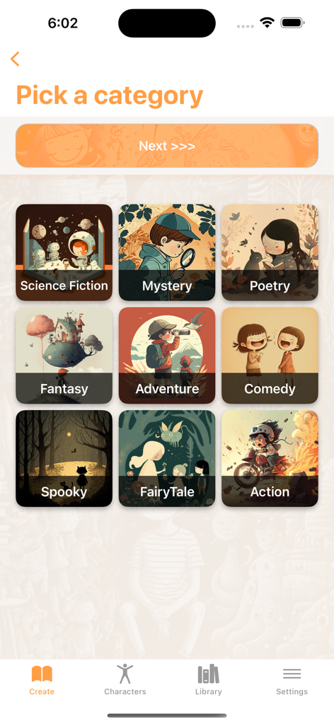 AI Stories For Kids アプリの選択画面。SF、ミステリー、おとぎ話などのストーリーカテゴリが表示されます。