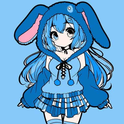 pretty anime girl wearing a fluffy hoodie with bunny ears on the hood and a skirt