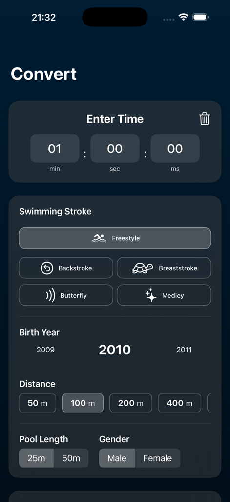 Aquatime - Aquatime app interface for converting swimming times with options for stroke distance and pool length