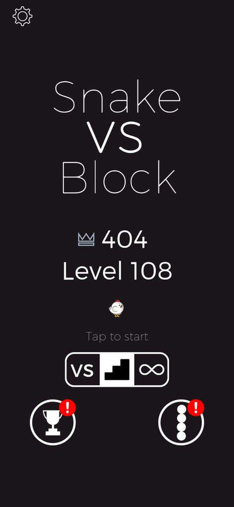 Snake VS Block game home screen showing high score 404, Level 108, and game mode options.