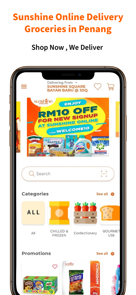 Sunshine Online mobile app interface for grocery and household goods delivery in Penang