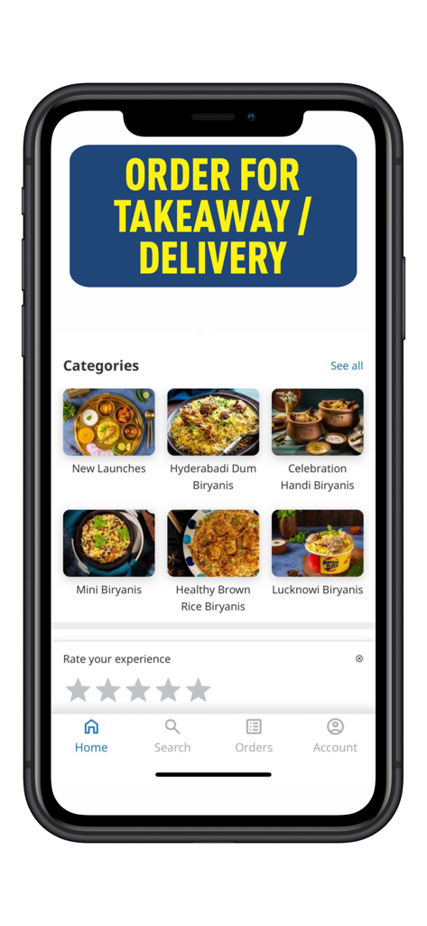 Biryani Blues Order Online - Biryani Blues app interface showing food categories for takeaway and delivery including Hyderabadi Dum and Lucknowi Biryanis.