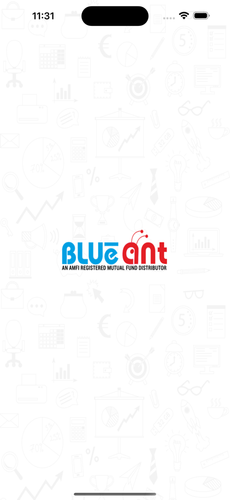 BLUeaNT app splash screen with logo and AMFI registered mutual fund distributor text