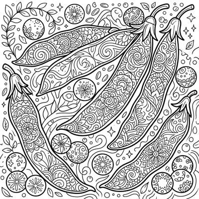 Discover a unique coloring experience with this detailed design featuring green beans and peas. Perfect for adults seeking a calming and intricate artistic challenge.
