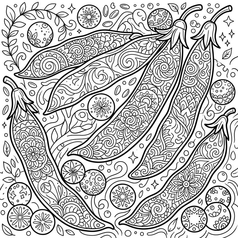 Discover a unique coloring experience with this detailed design featuring green beans and peas. Perfect for adults seeking a calming and intricate artistic challenge.