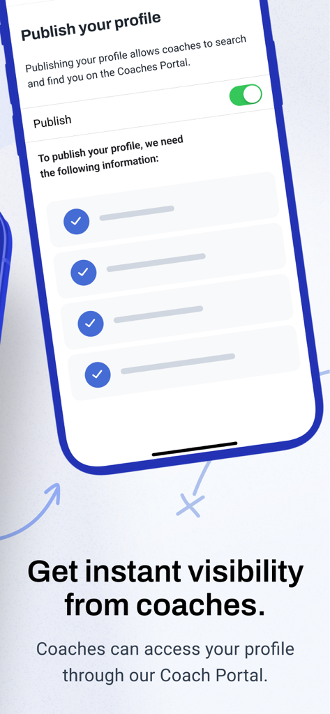 ASM Sports - A mobile screen from the ASM Sports app showing the profile publishing settings for high school athletes to get noticed by college coaches