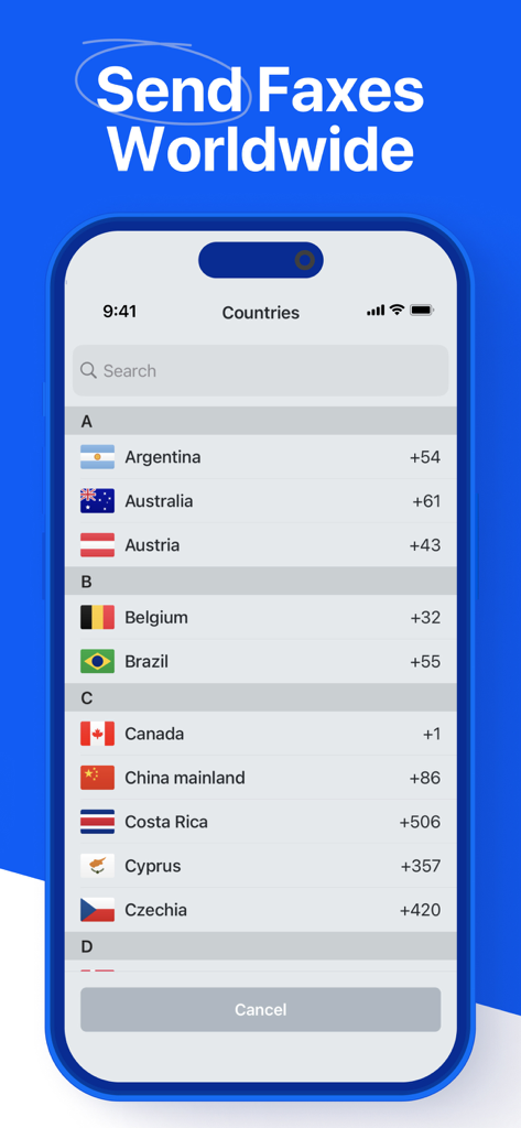 Una pantalla de teléfono móvil que muestra una lista de países para enviar faxes a todo el mundo en la aplicación Fax It.
