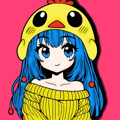anime girl with chick shaped hat with sweater with bare shoulders with bangs covering them one eye with low tail
