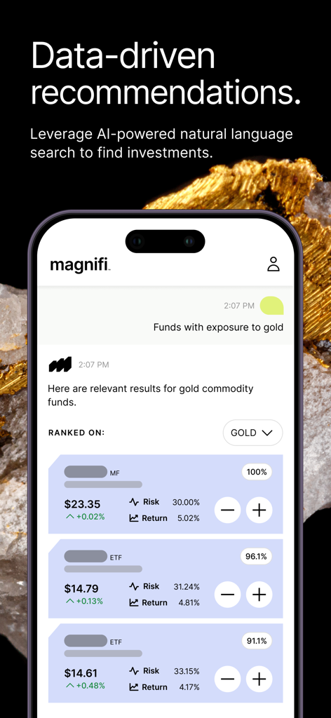 Magnifi app showing AI-powered natural language search results for gold commodity funds.
