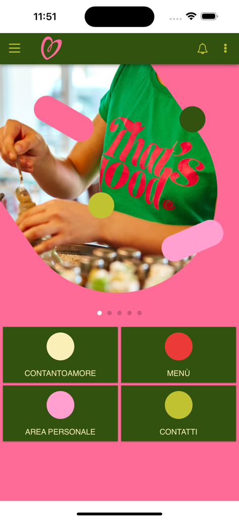 Contantoamore - Home screen of the Contantoamore food app with navigation tiles for menu and contacts