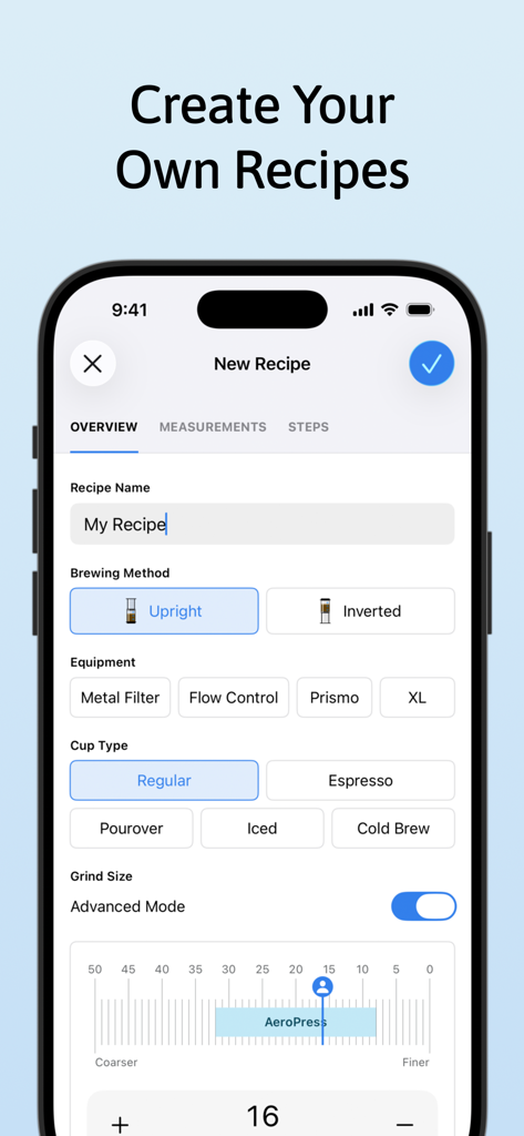 Aeromatic - Interface for creating custom AeroPress coffee recipes in the Aeromatic app