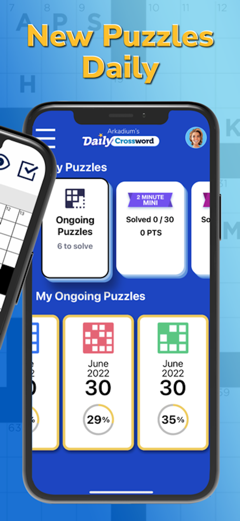 Arkadium Daily Crossword app dashboard showing ongoing puzzles and progress tracking