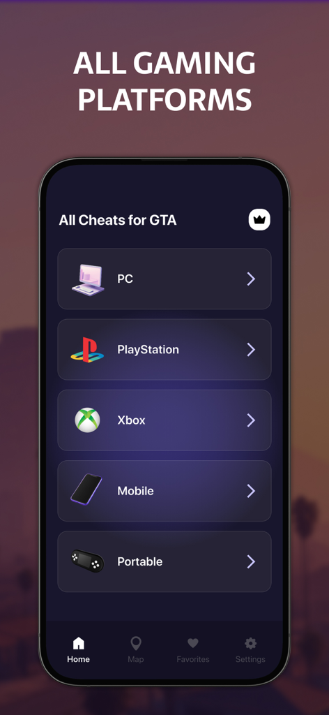Bildschirm der mobilen App, der Plattformoptionen für GTA-Cheat-Codes anzeigt, einschließlich PC, PlayStation und Xbox