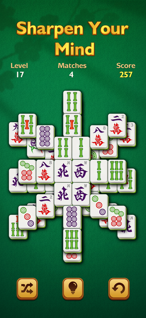 Vigor Mahjong - 大きなタイルと、脳をシャープにするように促すメッセージが特徴のVigor Mahjongゲームプレイ画面