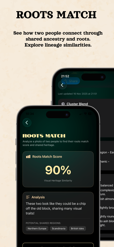Ancestor Lens: Ancestry & DNA - Interfaz de la aplicación móvil Ancestor Lens que muestra una puntuación de "Roots Match" (Coincidencia de Raíces) del 90 por ciento entre dos individuos.