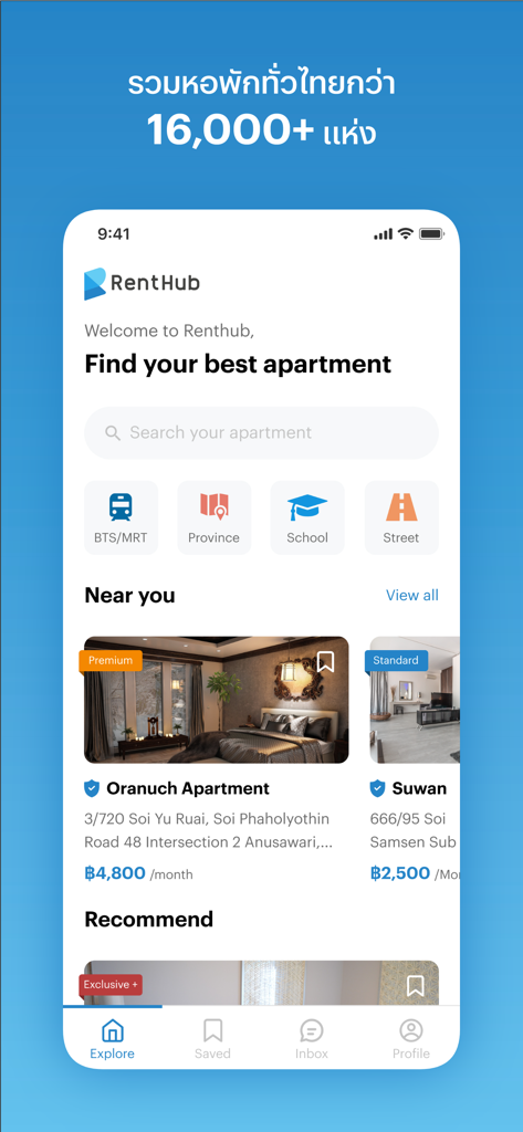 Renthub mobile app home screen with apartment search filters and rental listings in Thailand