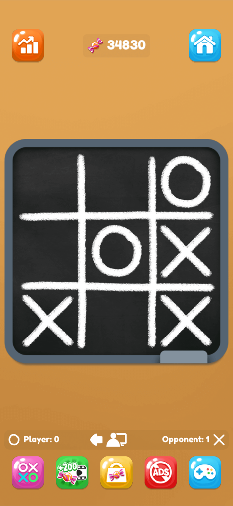 Tic Tac Toe: XOXO - Tic Tac Toe XOXO gameplay screen featuring a chalkboard theme and candy currency