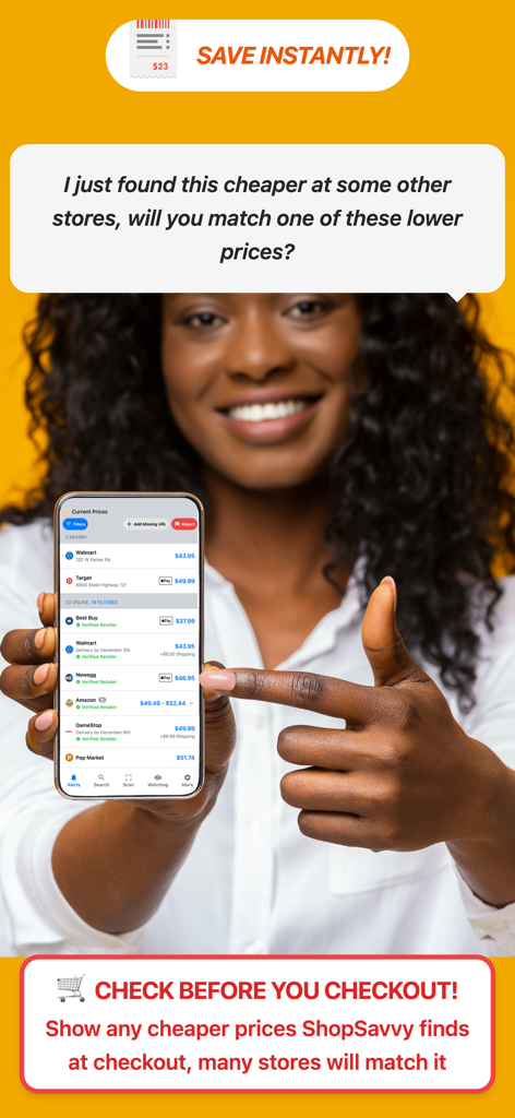 A woman showing price comparisons on the ShopSavvy app to request a price match at a store checkout