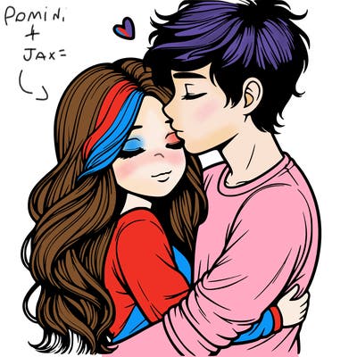 a realistic couple boy and girl hugging and kissing