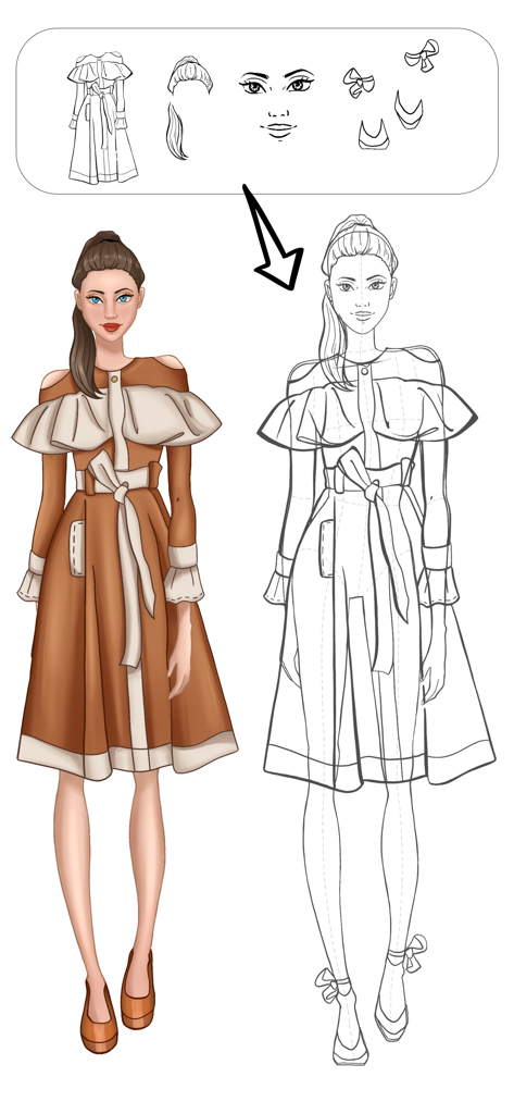 Digital fashion design interface showing clothing templates and a completed model sketch.