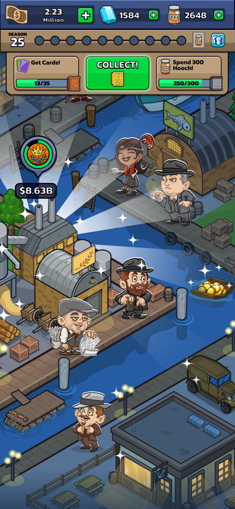 Idle Distiller Tycoon Game - Captura de pantalla de la jugabilidad de Idle Distiller Tycoon Game que muestra gerentes y cervecerías en un puerto durante la noche.