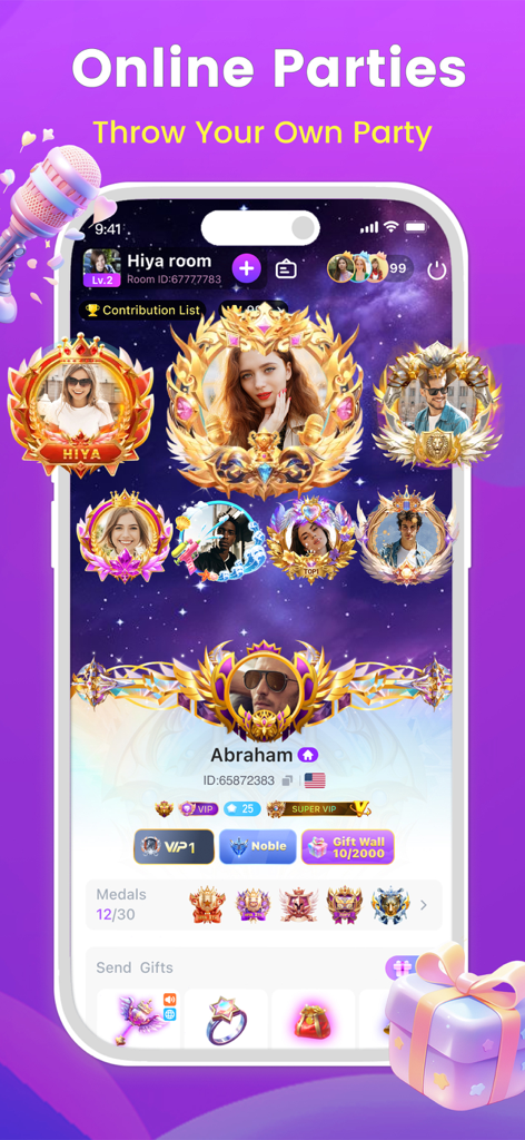 Hiya - Group Voice Chatroom - Pantalla móvil de la aplicación Hiya que muestra una sala de chat de voz grupal con marcos de avatar estilizados y regalos virtuales