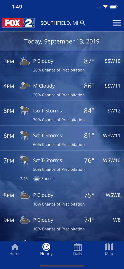 FOX 2 Detroit: Weather - Screenshot of the FOX 2 Detroit Weather app displaying the hourly forecast for Southfield Michigan