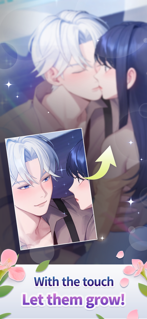 Secret Crossing : story game - Two anime characters in a romantic embrace about to kiss in the Secret Crossing dating sim