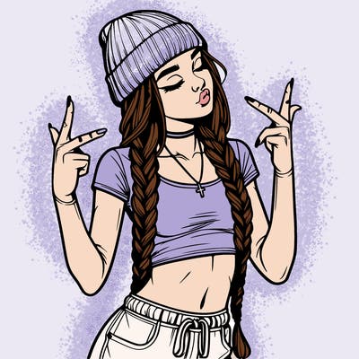 realistic teenage girl with braids and a beanie and crop top doing 🫶🏼