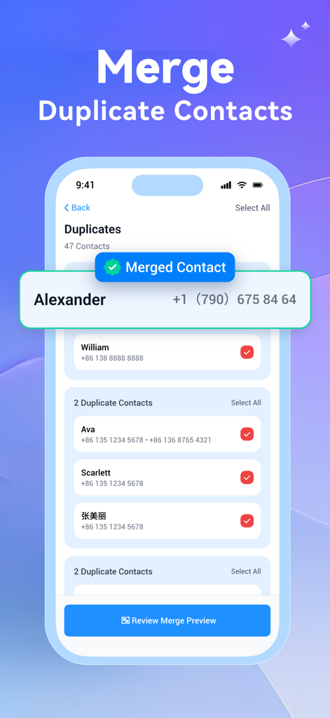 Interface of the Photo Recovery app showing a list of duplicate contacts being merged on an iPhone screen.