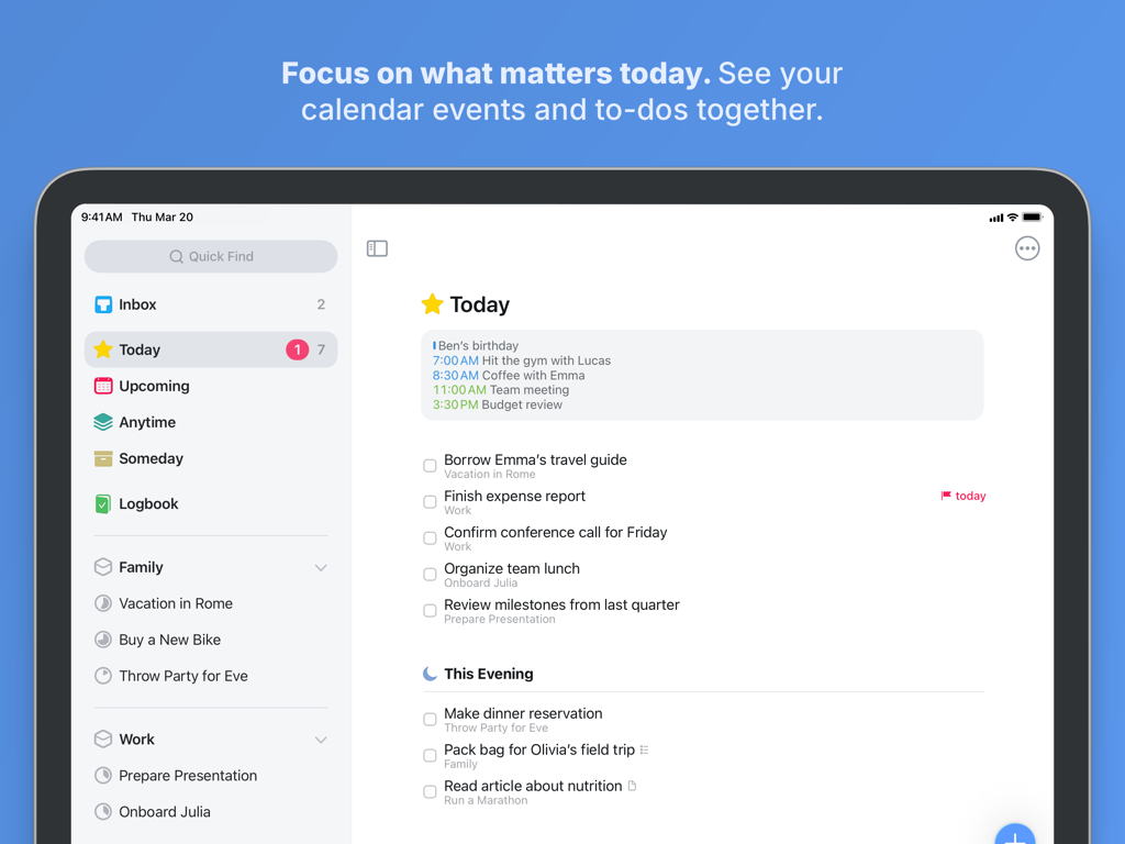 Things 3 pour iPad affiche la vue Aujourd'hui avec les événements du calendrier et les tâches intégrés