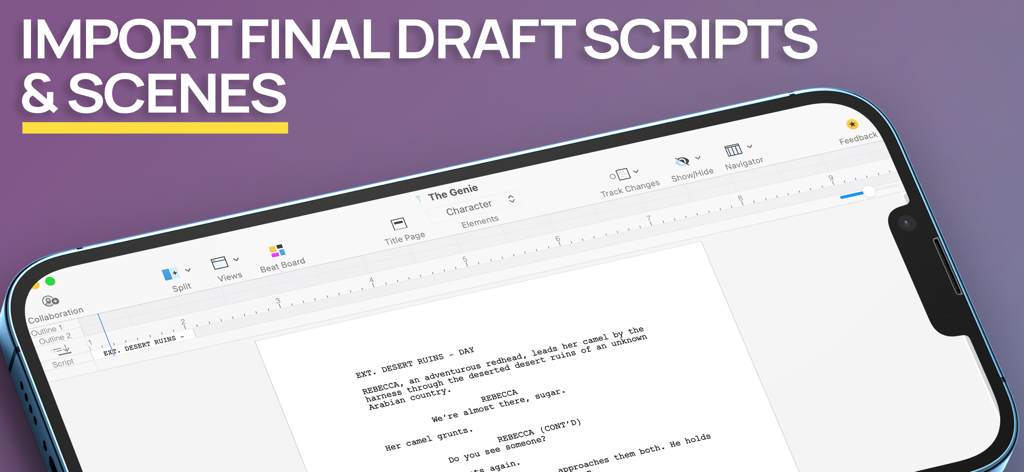 Previs Pro - Storyboard Fast - Screenshot of Previs Pro app showing the import of Final Draft scripts and scenes on a mobile device screen