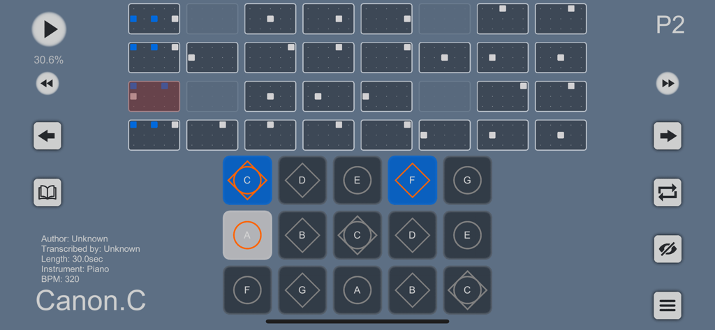 Sky Studio App Übungsmodus-Oberfläche mit Noten für Canon in C und einem fünfzehn Tasten umfassenden musikalischen Instrumenten-Pad.