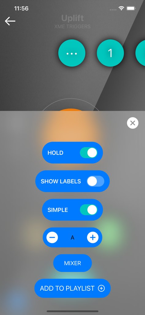 XME Triggers app overlay menu showing song options for hold, labels, simple mode, key adjustment, and mixer.